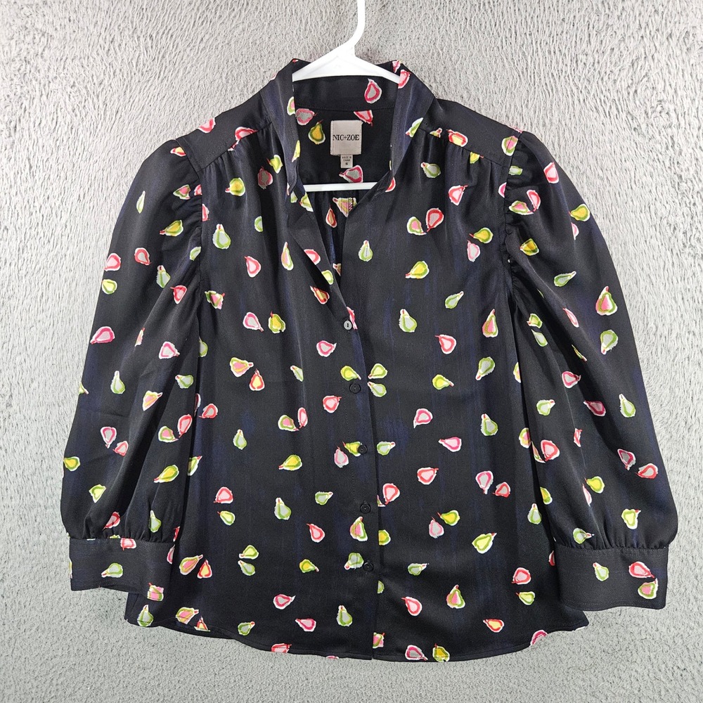 Nic+Zoe Womens Small Black Fruit Print Puff Sleeve Button Up Blouse Stand Collar